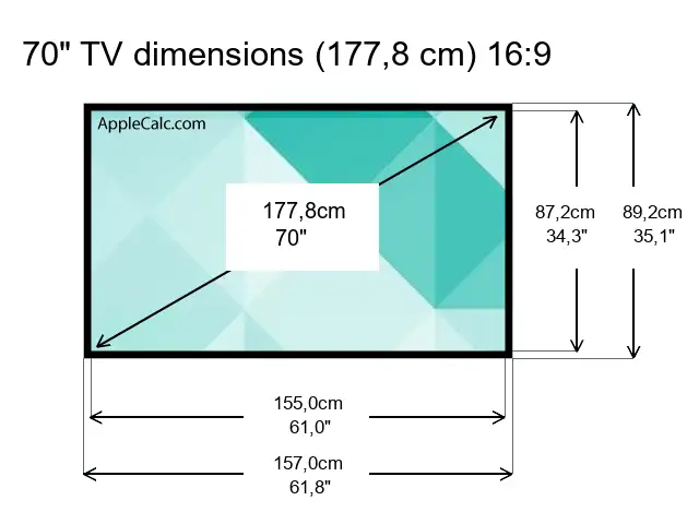  70 TV set size in centimeters size in inches